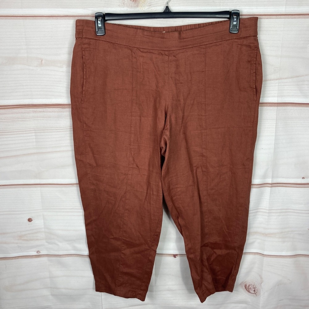 Eileen Fisher Pants Womens L Brown Linen Capri Straight Leg Pull On Pockets